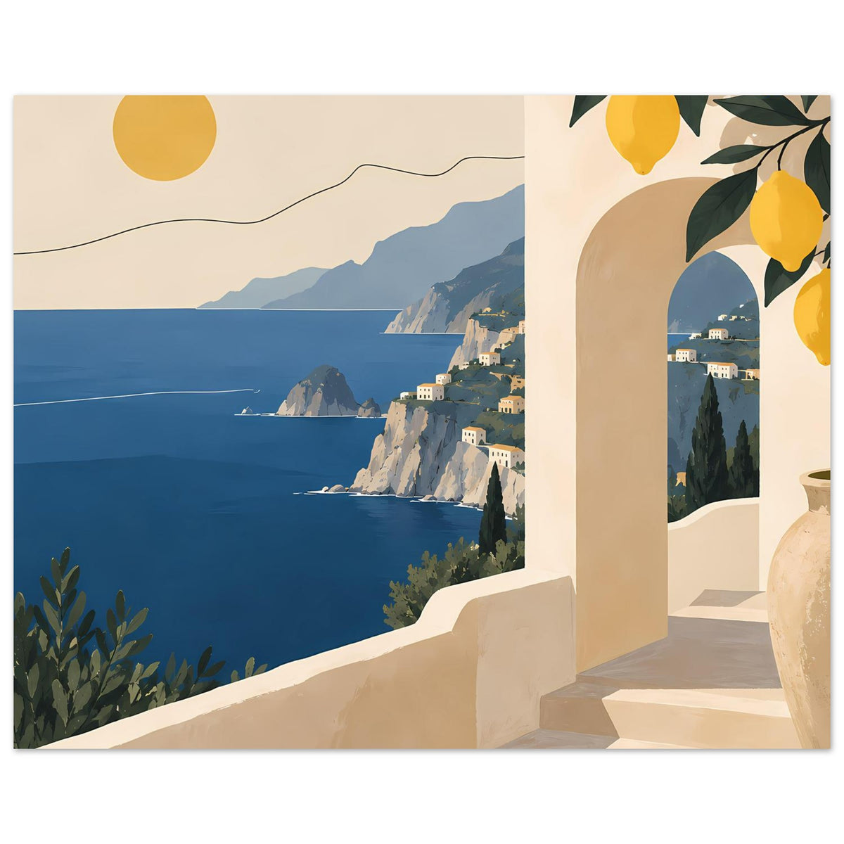 Mediterranes Landschaftsposter mit Küstenstadt auf Felsen, Zitronenmotiv und Rundbogen-Terrasse