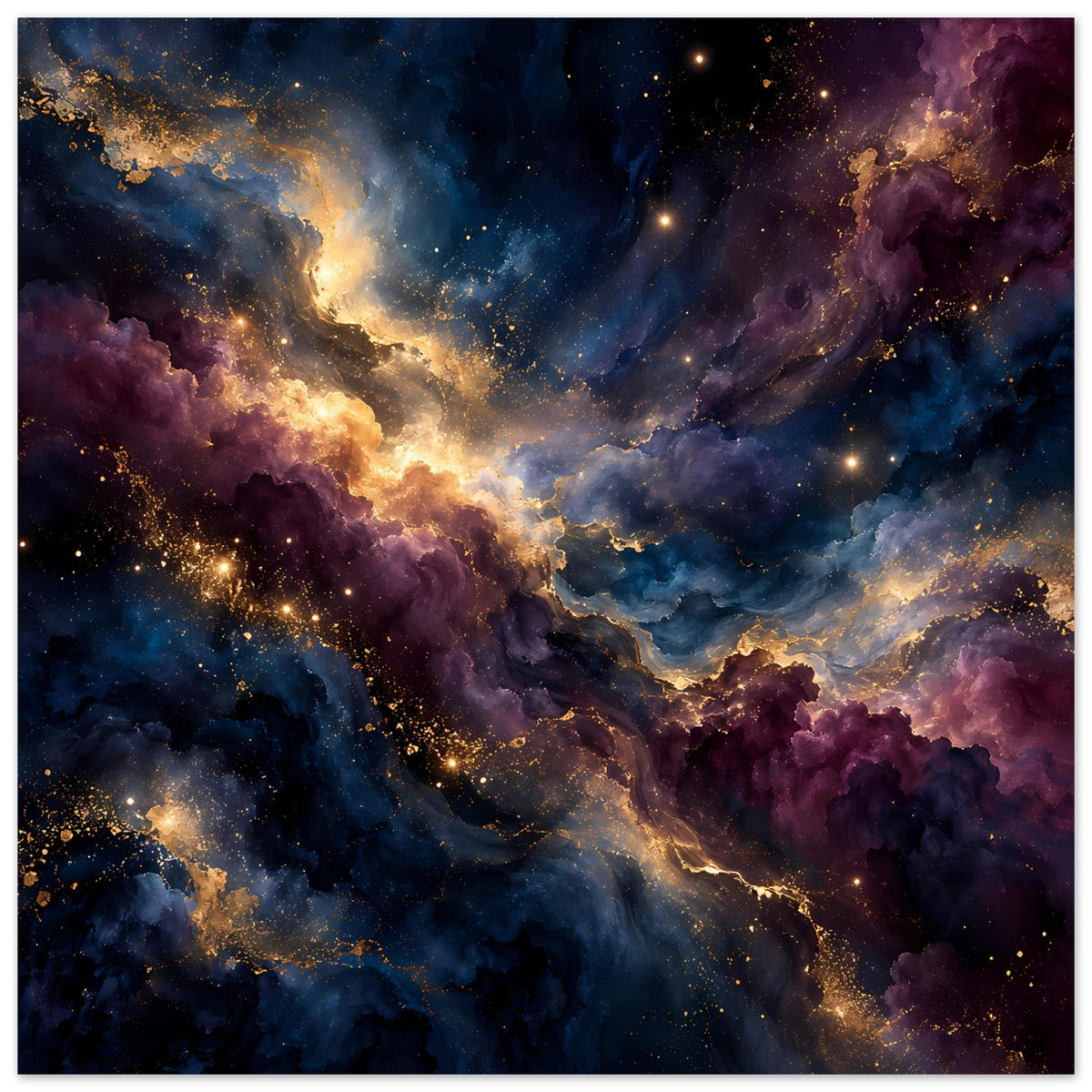 Quadratisches Wandposter mit kosmischem Nebel in Blau und Violett, voller Sterne