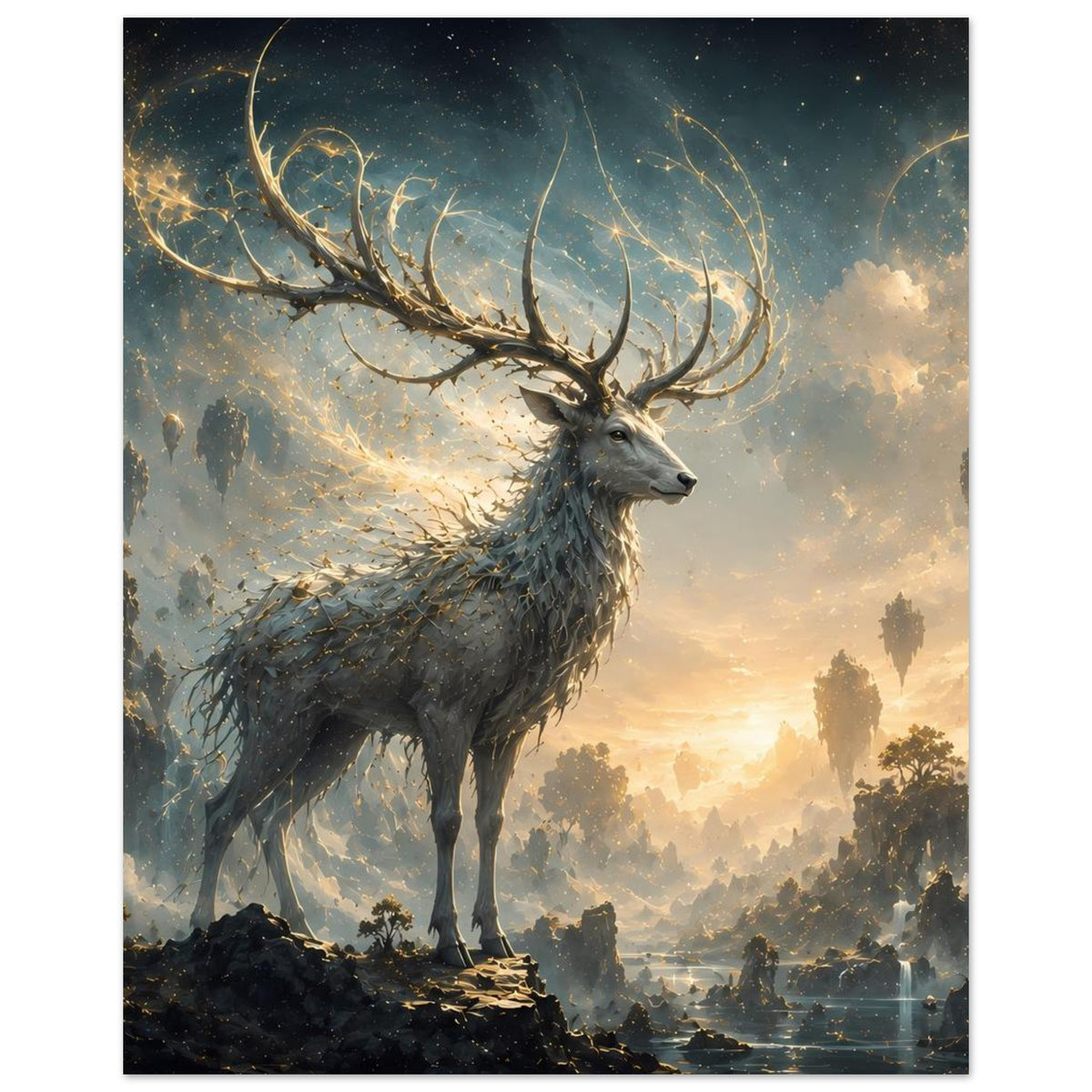 Fantasy-Rehposter mit Reh und weit ausladendem Geweih in goldblauer Abendstimmung