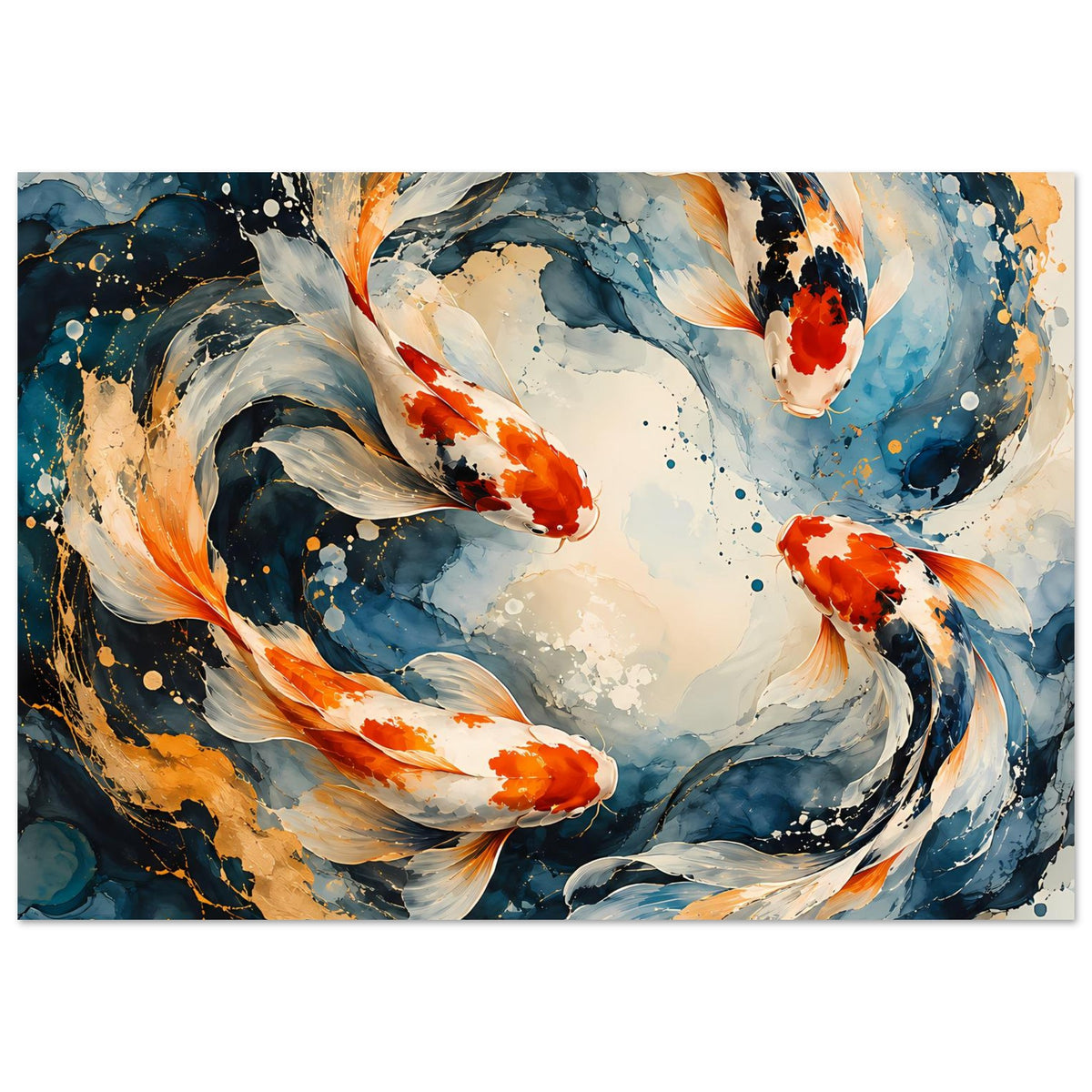 Koi-Fisch-Poster mit Wasserwirbel, Blau und Orange, horizontales Motiv