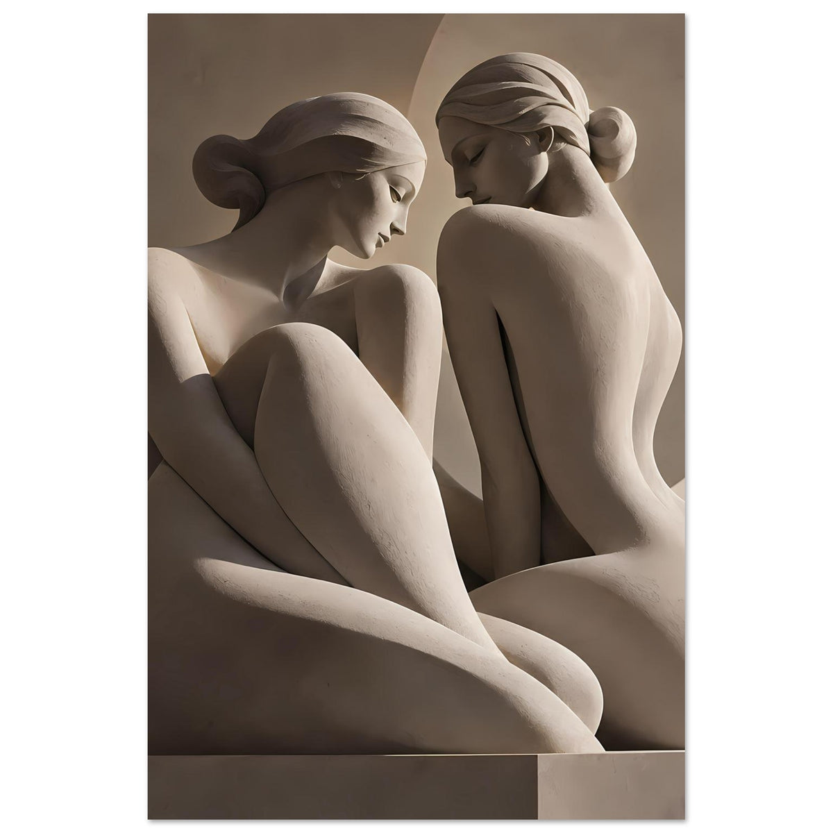 Hochformatiges Kunstposter mit zwei klassischen weiblichen Akten in Sepia, halbe Körper