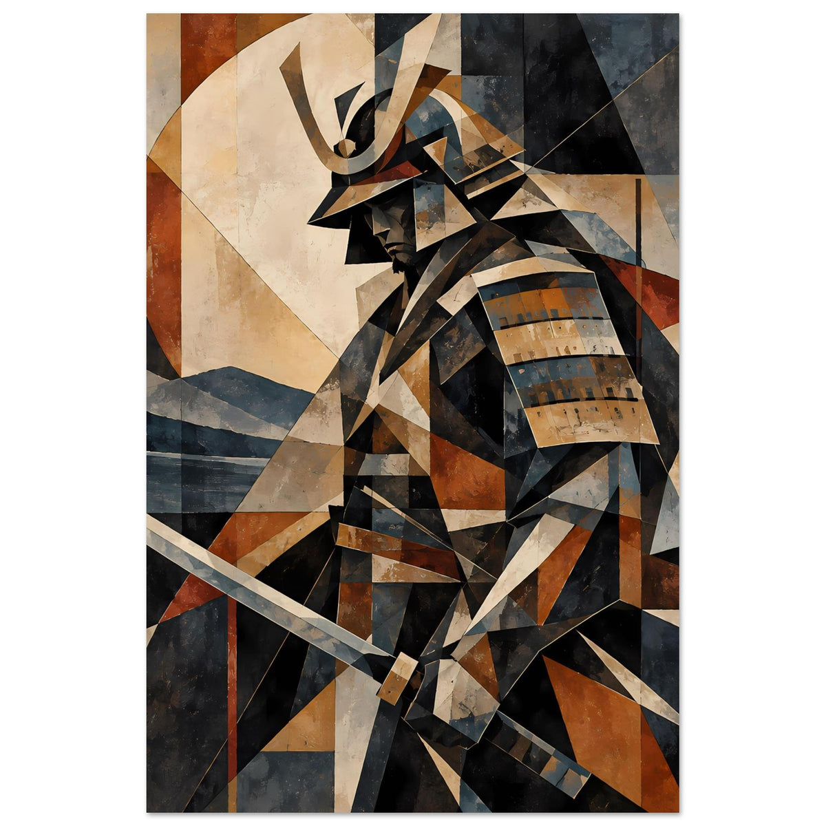 Poster mit geometrischem Samurai-Krieger in Erdtönen und Blau