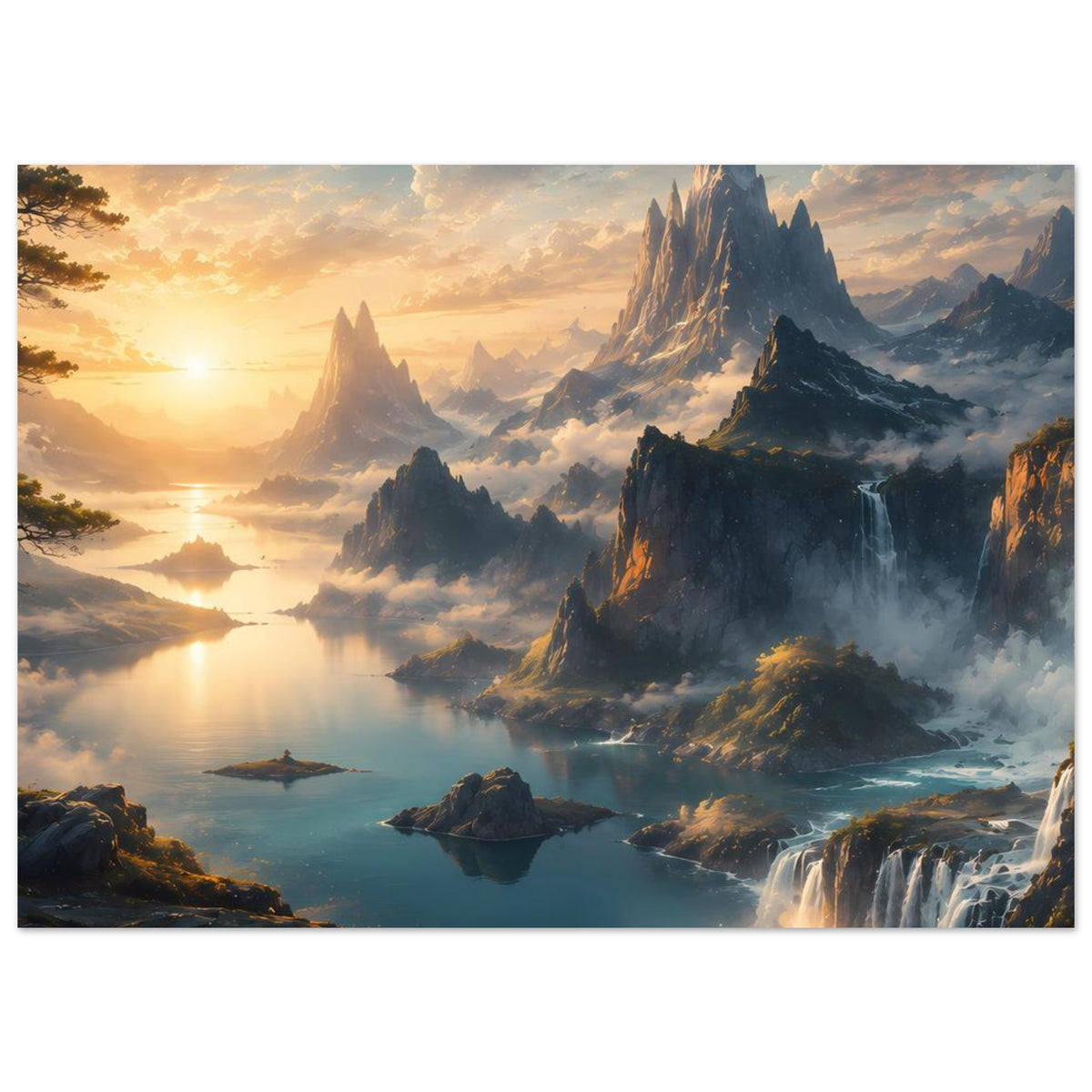 Hochformat-Poster mit Gebirgssee, Wasserfällen und warmem Sonnenlicht in der Bergwelt