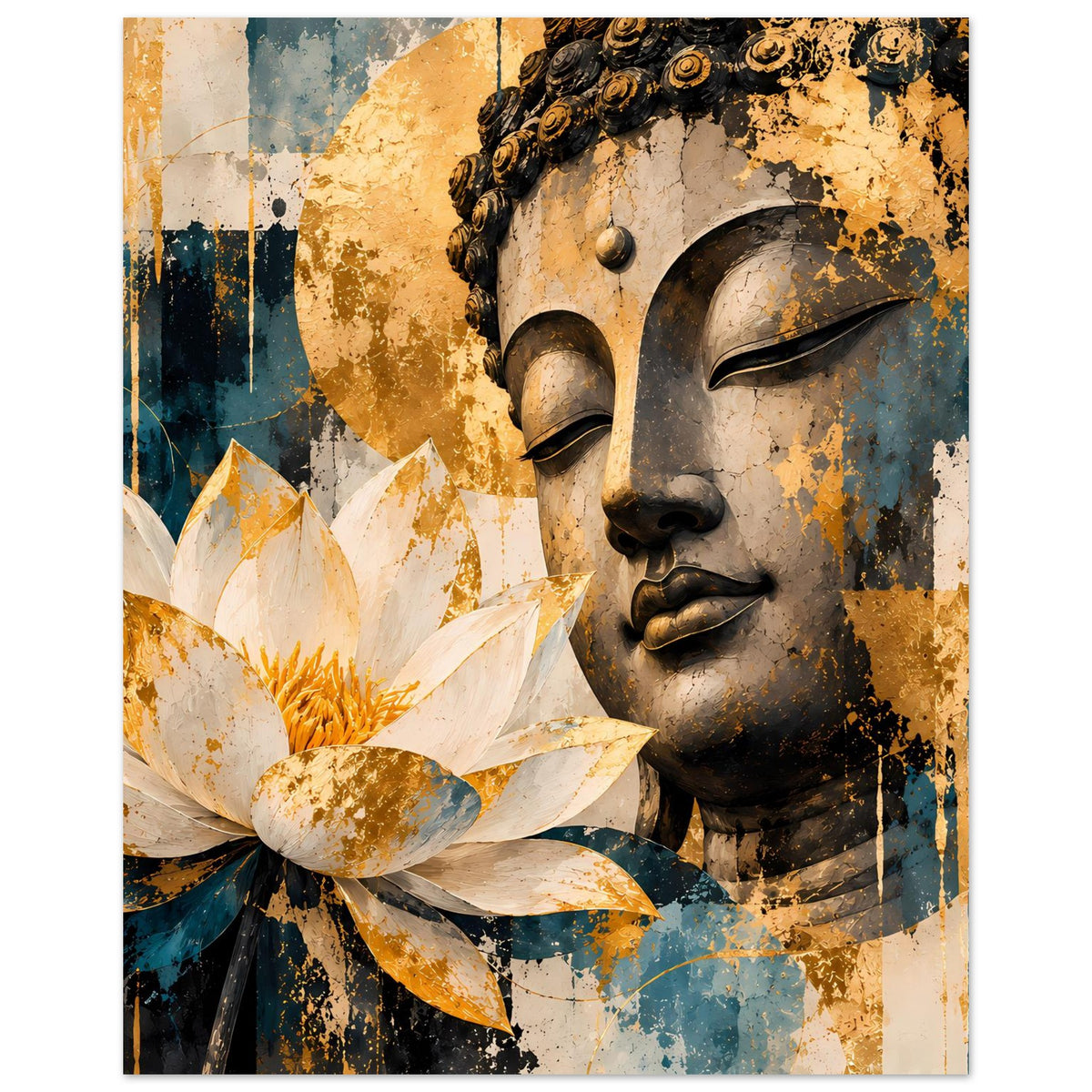 Buddha-Poster mit großer Lotusblüte links, Buddha-Gesicht und Hände im Detail, gold-blaue Töne