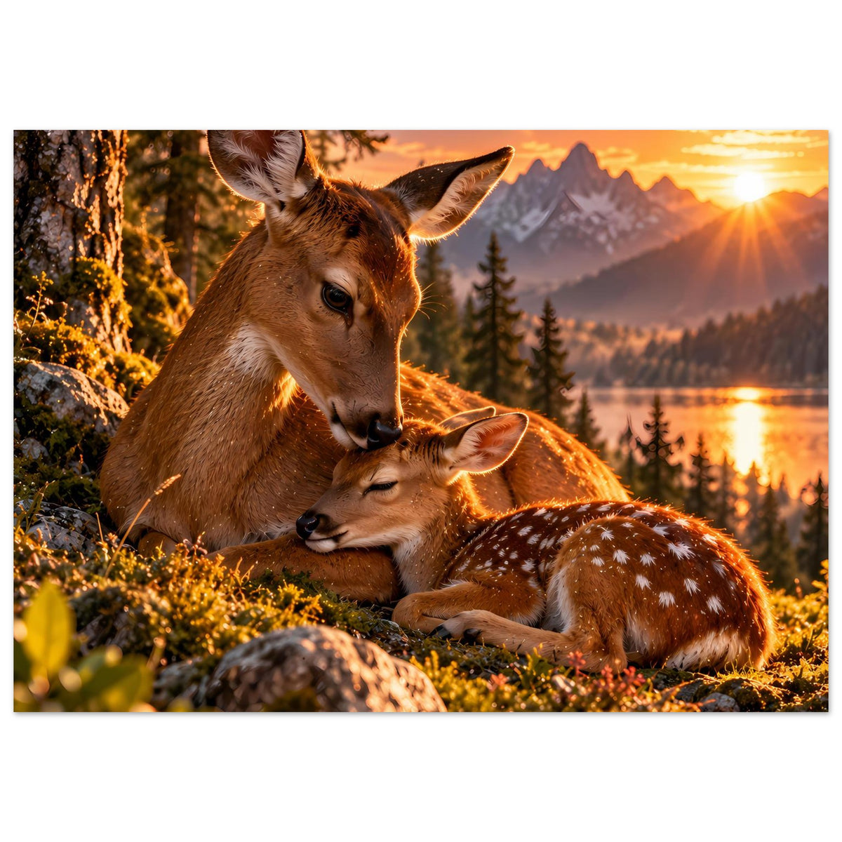 Poster mit Reh und Jungtier auf Wiese, warmes Abendlicht