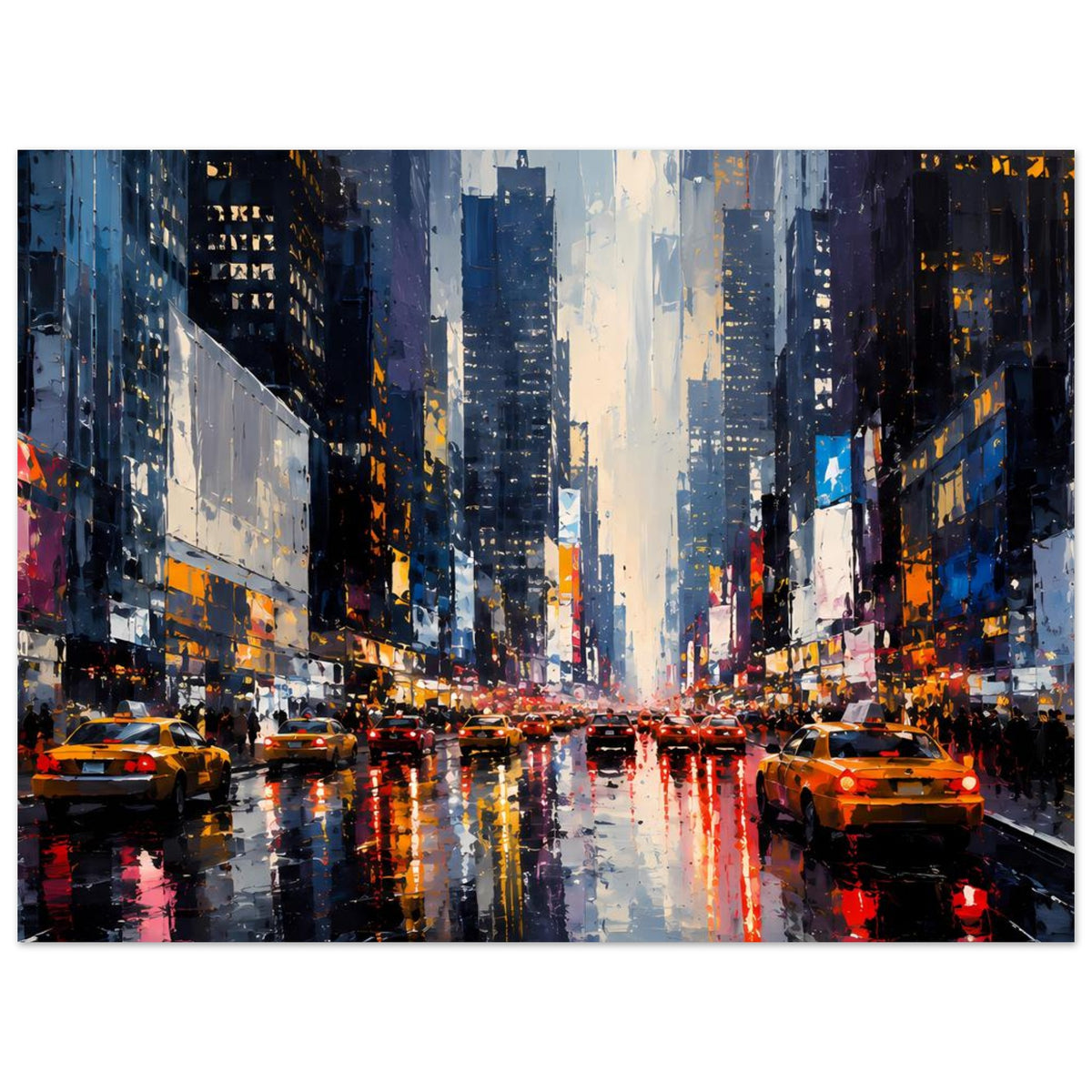 Stadtposter mit regennasser Straße, orangefarbenen Autos und Lichterspiegelungen