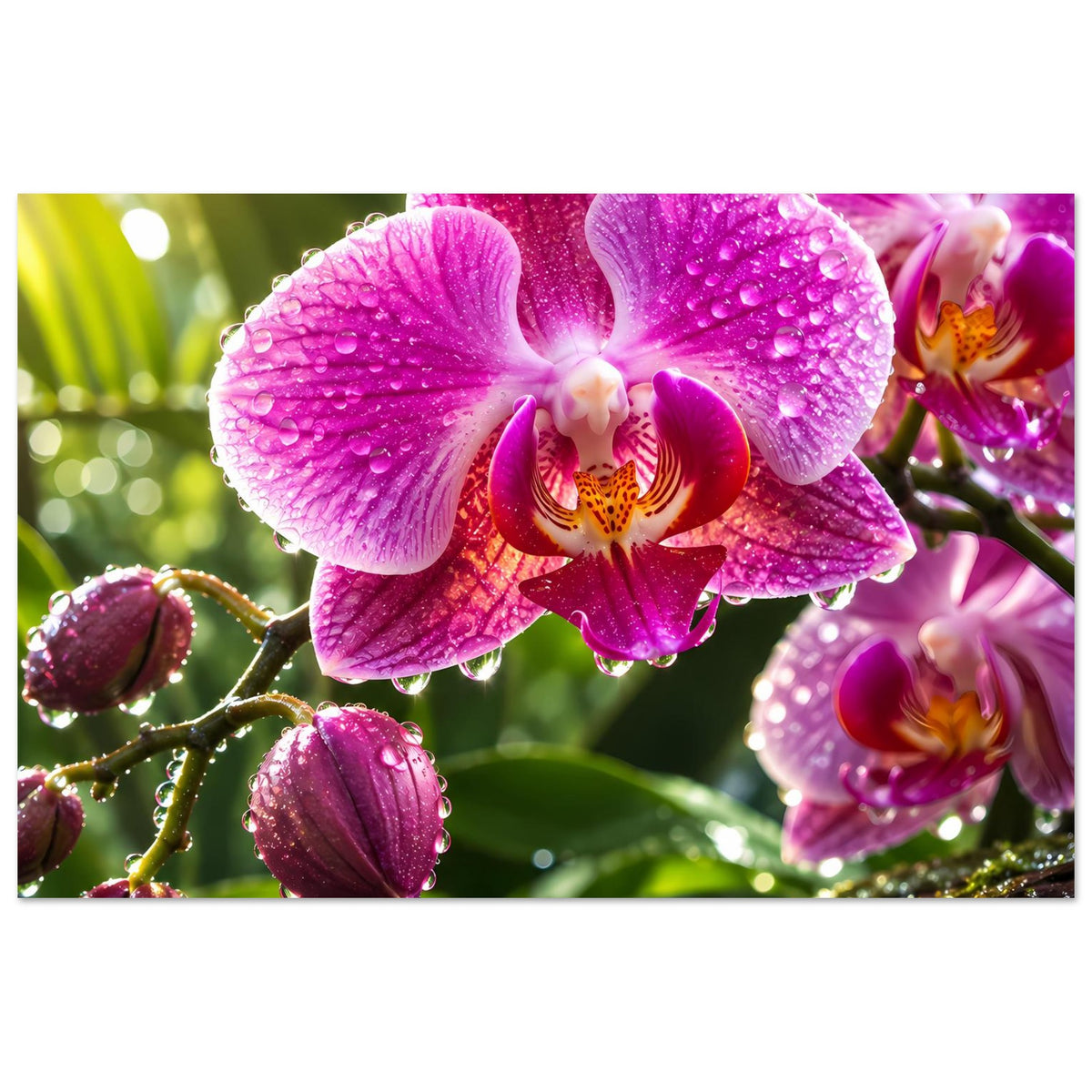 Blumenposter im Nahbereich: pinke Orchideenblüten mit Wassertropfen auf Blättern