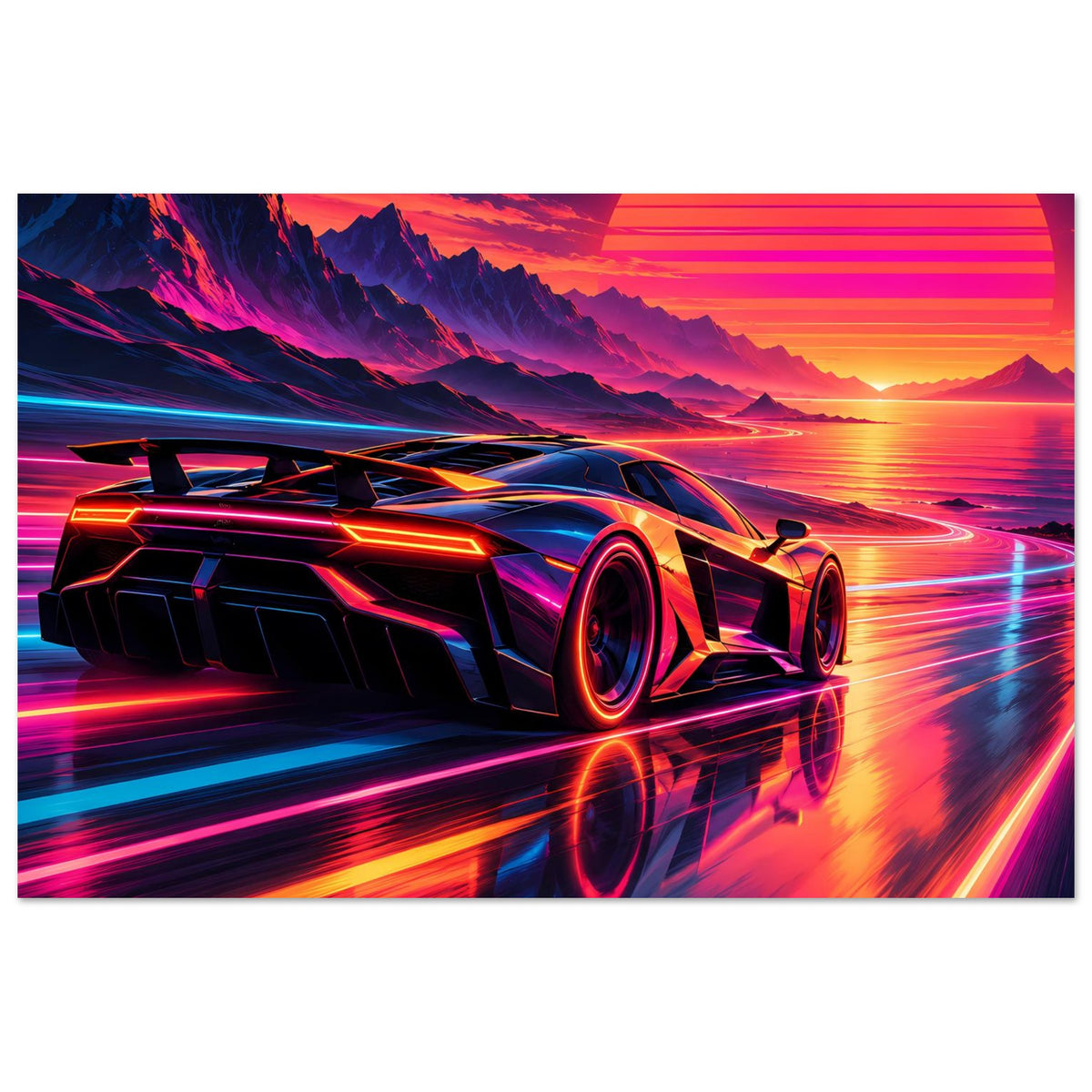 Poster mit futuristischem Neon-Sportwagen, langes Heck, Front und Räder deutlich sichtbar