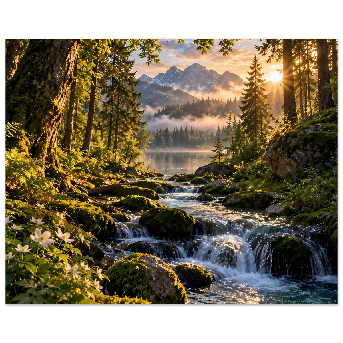 Wasserfall-Waldposter mit schäumendem Bachlauf, moosigen Steinen, Kiefern und goldenem Licht.