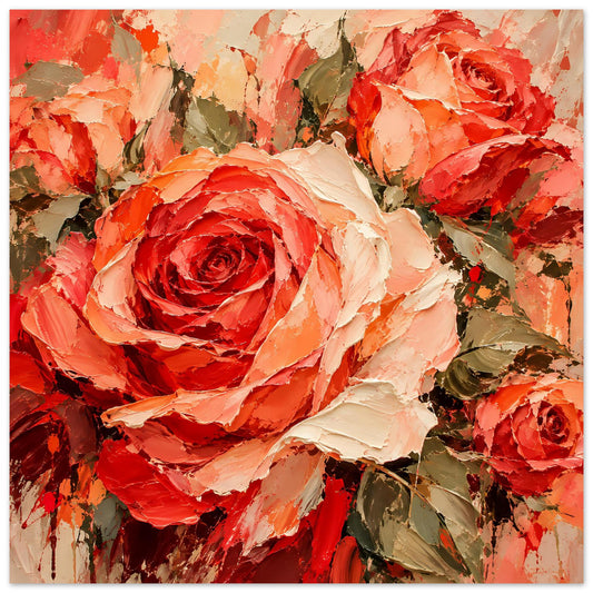 Blumenposter: strukturierte Rosenblüte in Rot/Orange/Beige (Nahaufnahme)