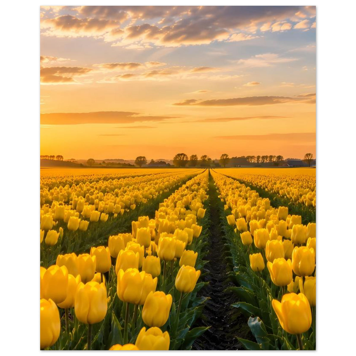 Hochformat-Poster mit gelben Tulpen entlang eines schmalen Weges und Abendhimmel