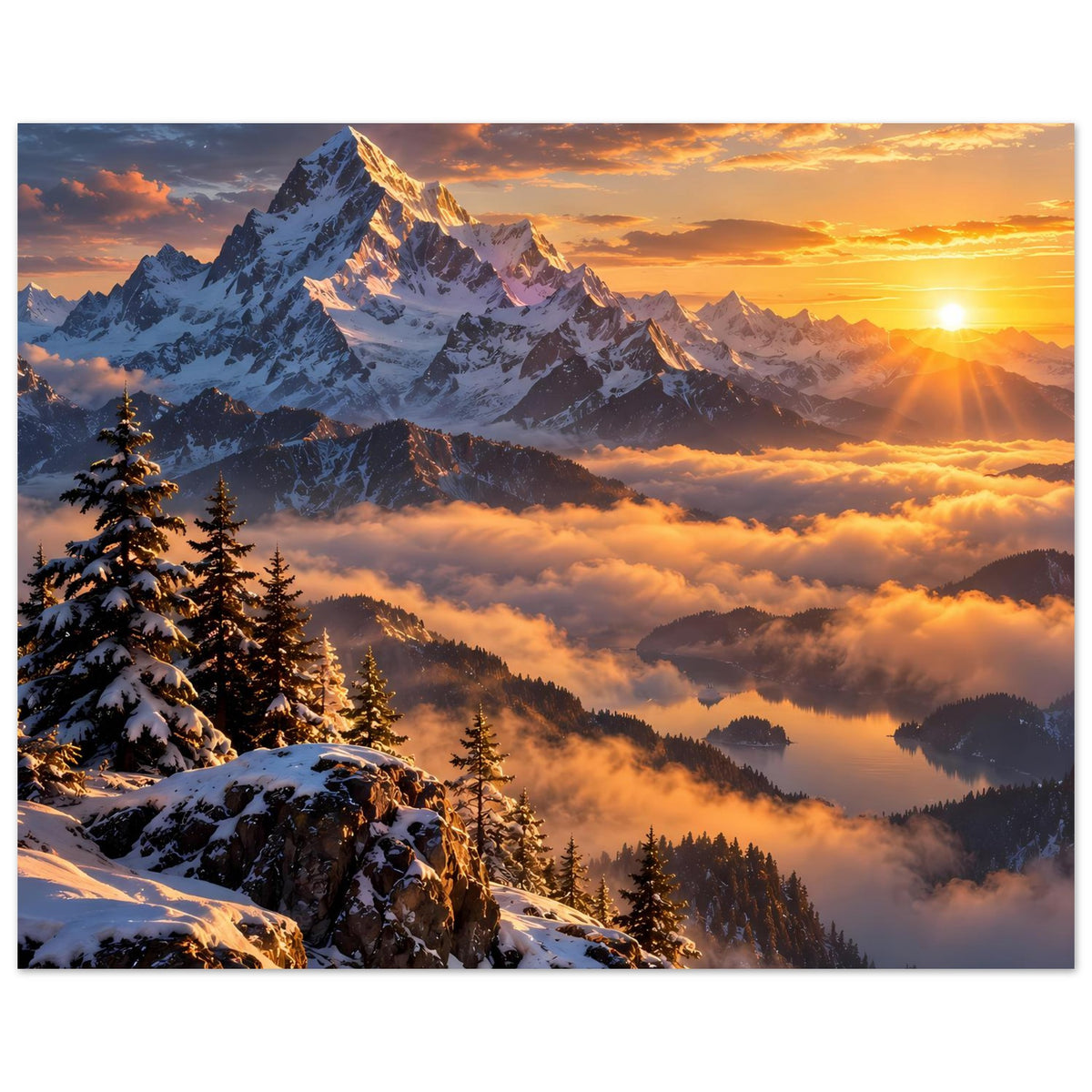 Poster mit verschneiten Gipfeln, Tannen im Vordergrund, Sonnenstrahlen und Wolkenmeer
