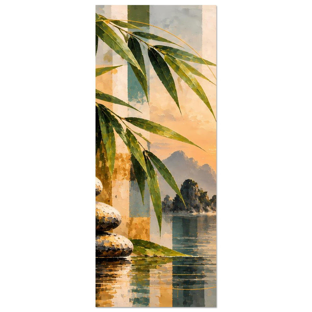 Zen-Poster hochkant: Bambus, Orchidee, Steine am Wasser bei Sonnenuntergang
