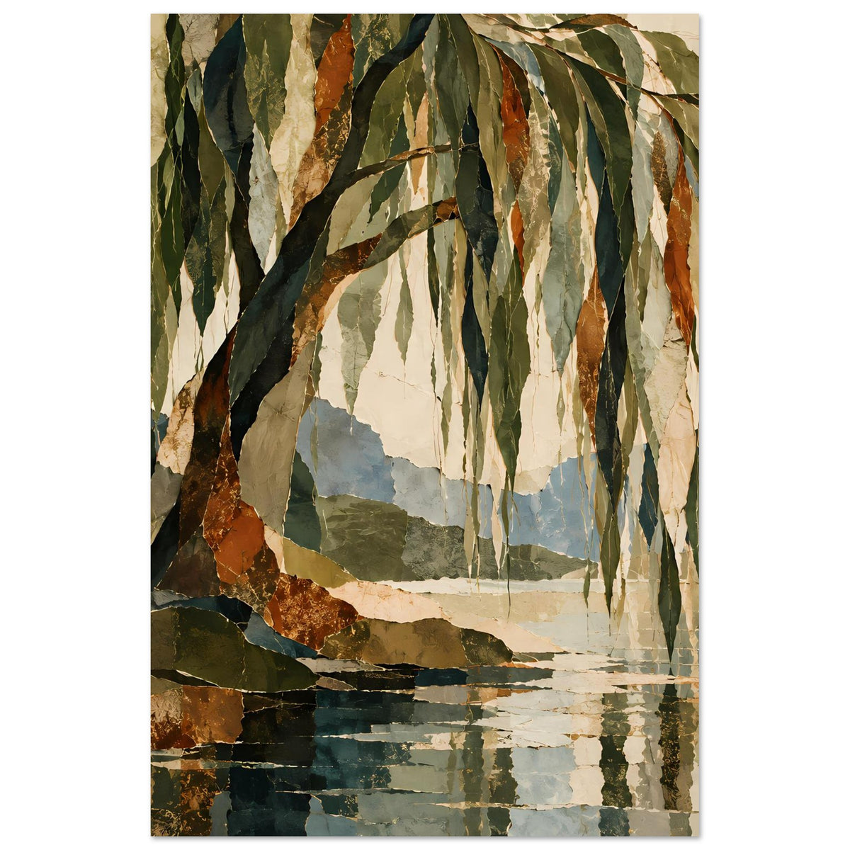 Herbstliches Poster mit Baumstamm, hängenden Blättern und See-Reflexion in Grün, Orange, Braun
