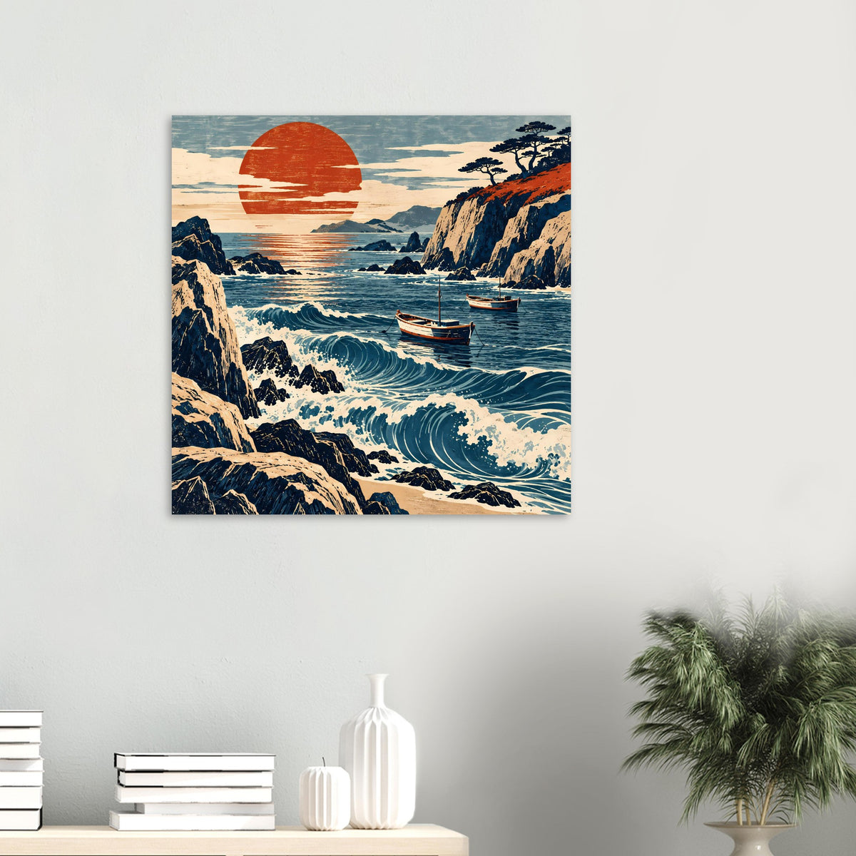 Kleines Meerlandschafts-Poster: Klippen, Wellen und Segelboot bei roter Sonne an der Wand