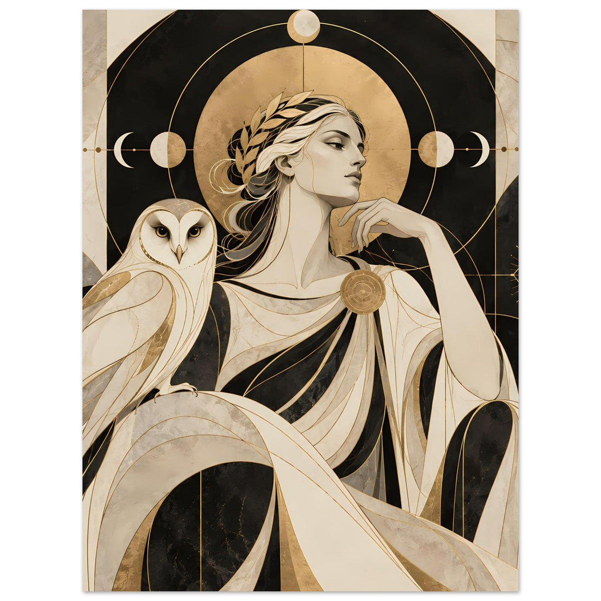 Kunstposter in Hochformat mit Profilfrau, Eule links und goldenen Kreisen, beige-schwarz