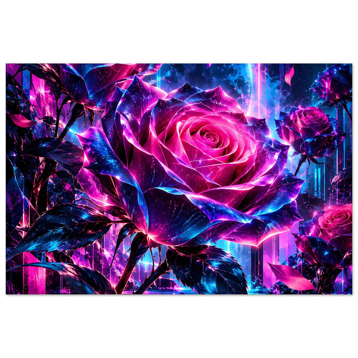 Kunstposter mit großer Pink-Blau-Neonrose und dekorativen Blüten in kräftigen Farben