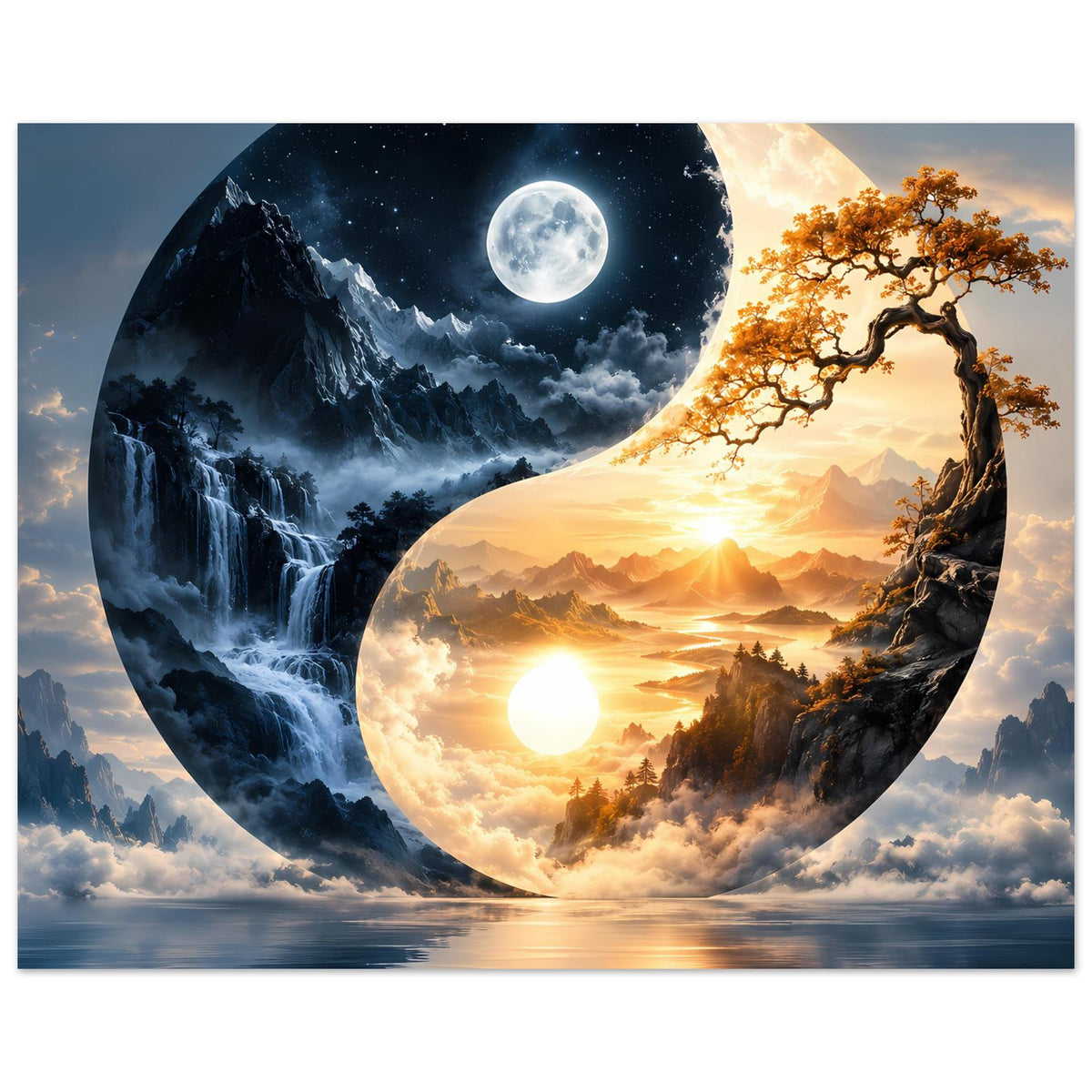 Horizontales Poster: Yin-Yang mit Mond- und Sonnenseite, Baum, Berge und Wasser