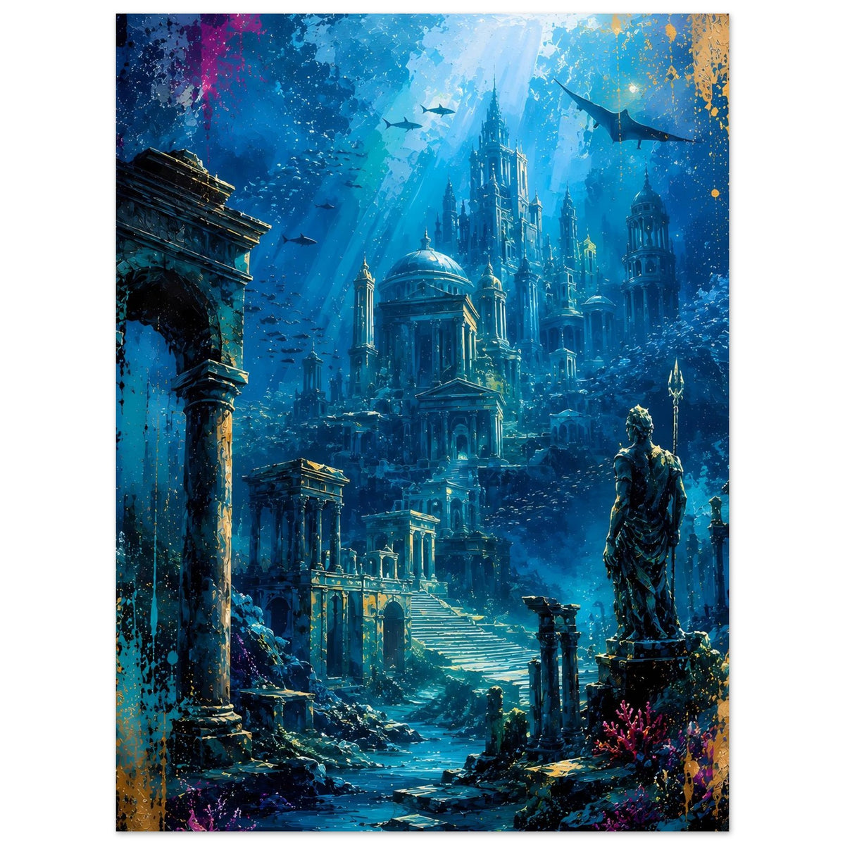 Hochformat-Poster mit Atlantis-Ruinen unter Wasser: Kuppelgebäude und Statue