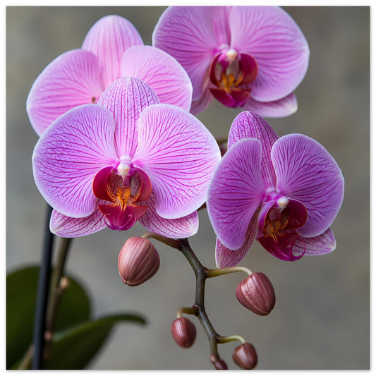 Orchideen-Porträt-Poster mit lila Blüten und Knospen am Zweig