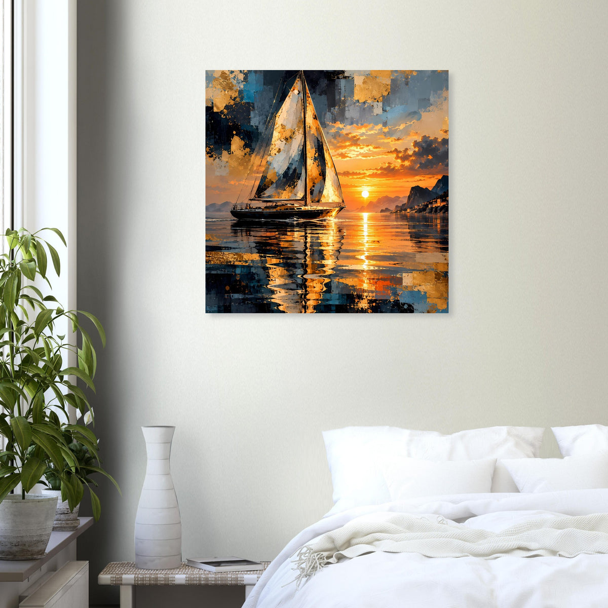 Quadratisches Poster mit abstraktem Segelboot, goldener Sonnenuntergang und Wasserspiegelung