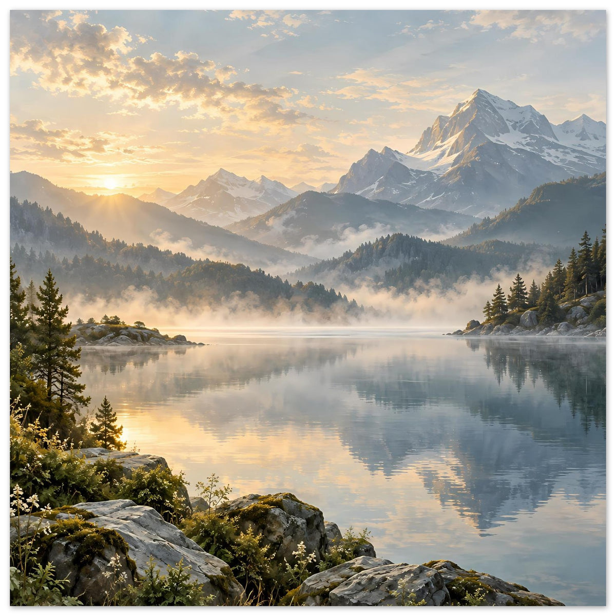 Landschaftsposter im Querformat: Bergsee mit Nebel, Sonnenaufgang und hohen Alpenbergen