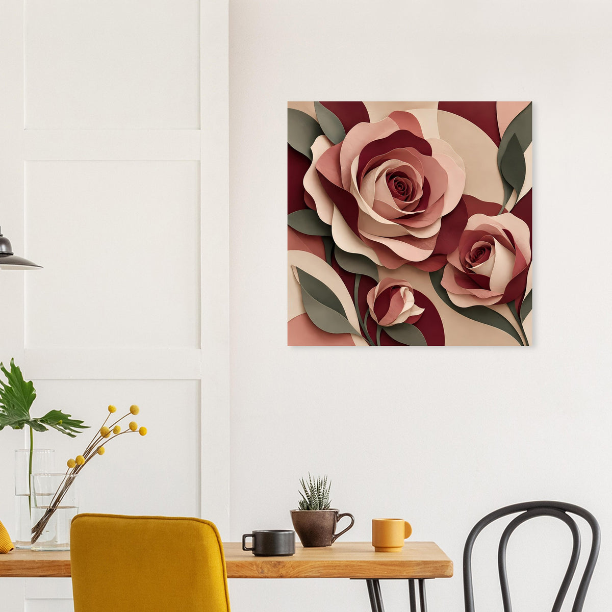 Florales Kunstposter mit Rosen in Burgunder und Rosé, quadratisch