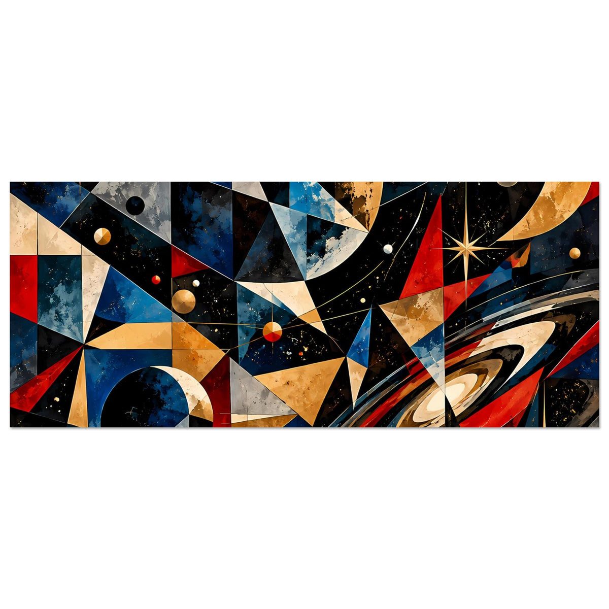 Horizontales Poster mit kosmischem Dreiecks-Muster und Planetenfragmenten in Blau, Rot, Gold.