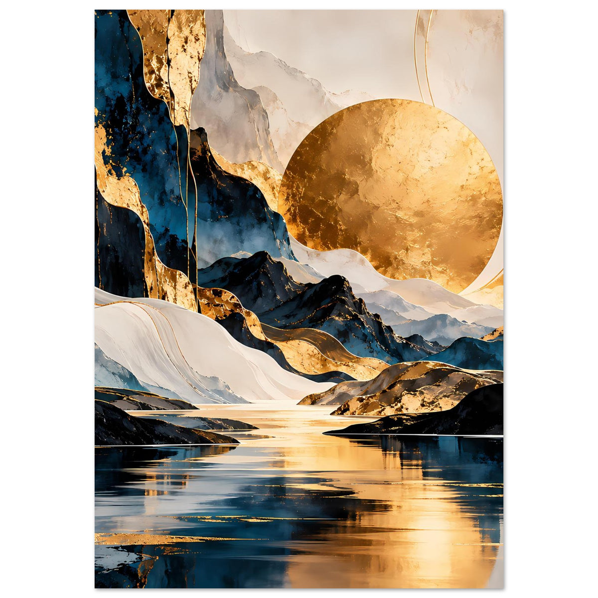 Kunstposter mit felsigen Bergen, weißer Strömung, goldenem Mond und ruhigem Wasser