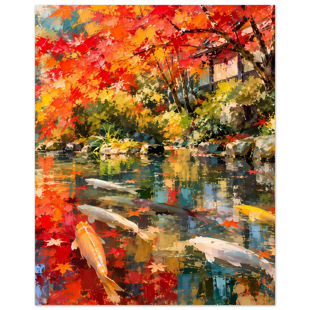 Herbst-Koi-Teich Poster mit vier Koi, farbigen Uferbäumen und Spiegelungen im Wasser