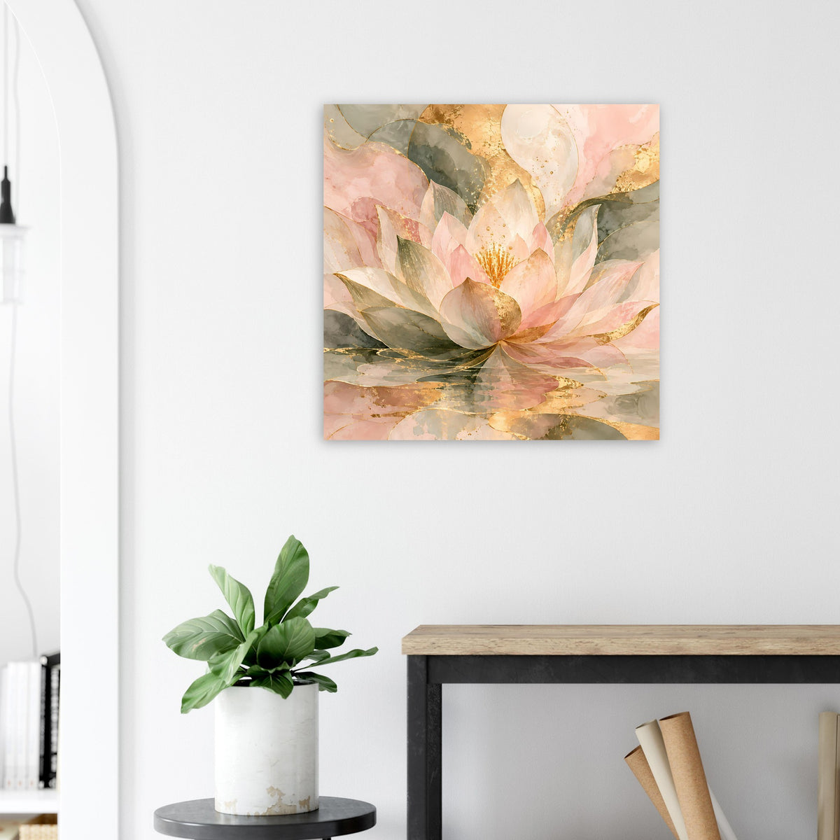 Zartes Lotusblüten-Poster in Rosé und Gold, quadratisch