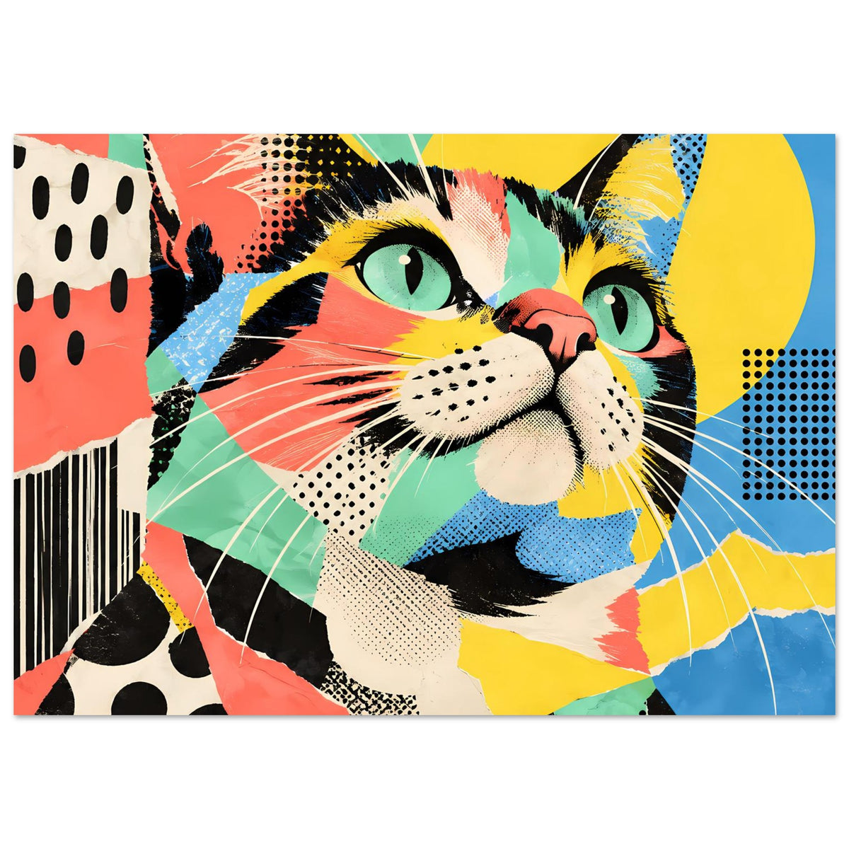 Pop-Art-Poster mit buntem Katzenkopf, grafischen Farbflächen und türkis/grünen Augen