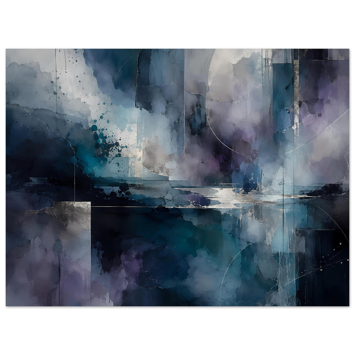 Abstraktes Kunstposter im Querformat mit pastellfarbenen Einschlägen in Blau und Lila