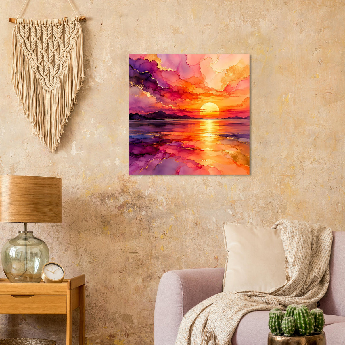 Poster Sonnenuntergang mit Wasserreflexion in Violett- und Orangetönen