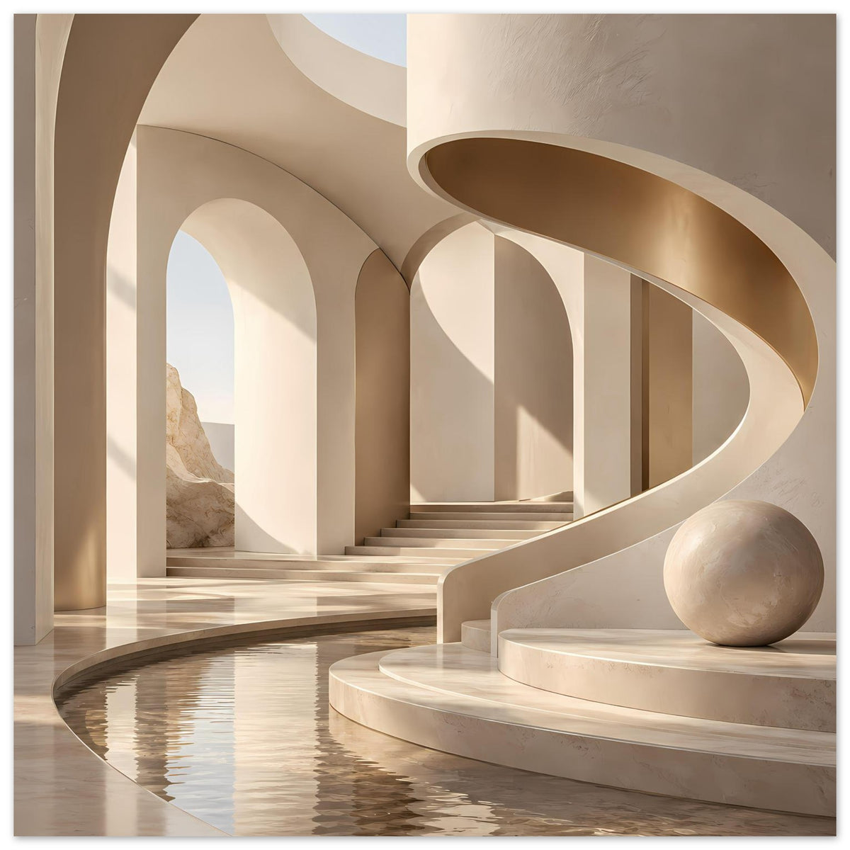 Poster mit minimalistischem Marmor-Motiv: große Rundbögen, Treppe, Wasserbecken und Steinfigur