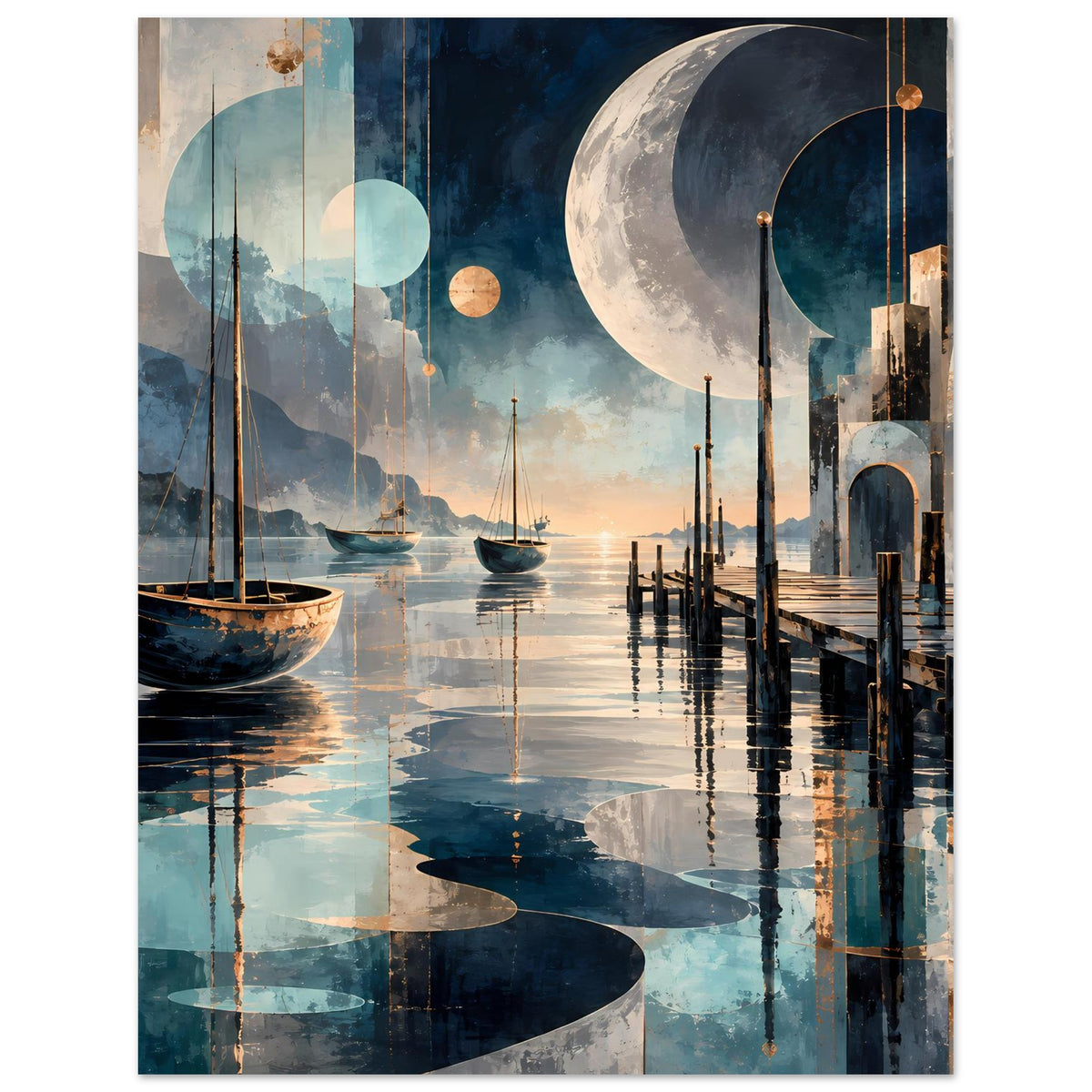 Nachtposter mit großer Mondsichel, Steg, Segelboot im Hafen und Wasserreflexionen