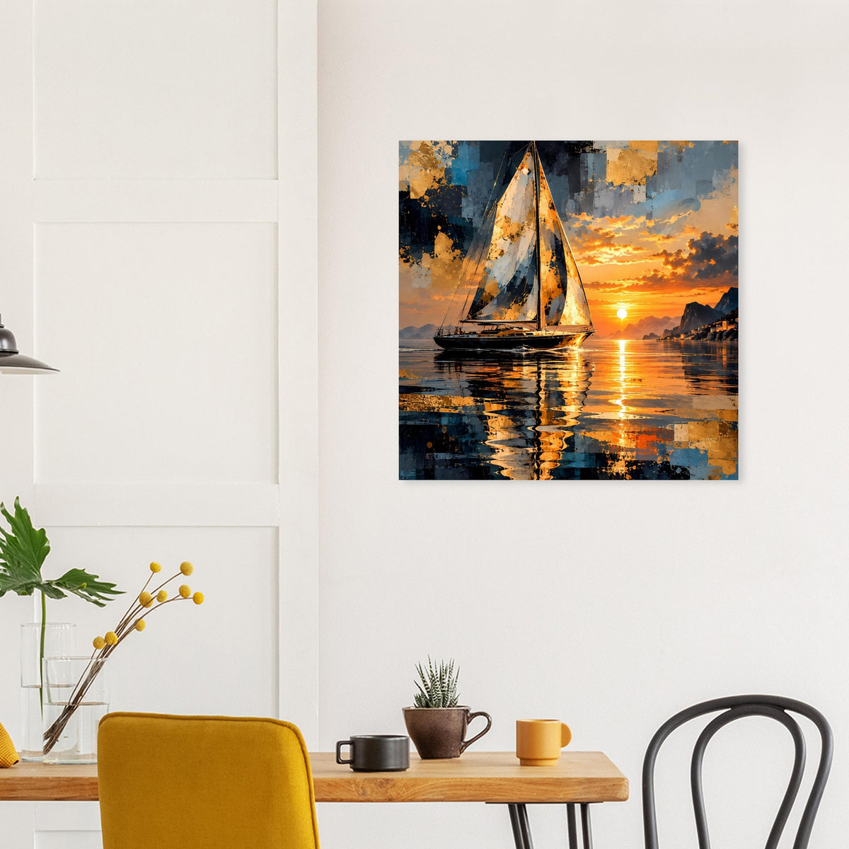 Quadratisches Poster mit abstraktem Segelboot und Sonnenuntergang, Spiegelung im Wasser