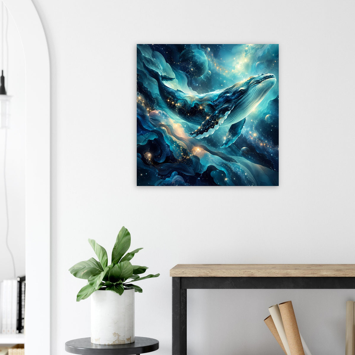 Quadratisches Wandposter mit blauem Wal, leuchtenden Wellen und goldfarbenen Sternen