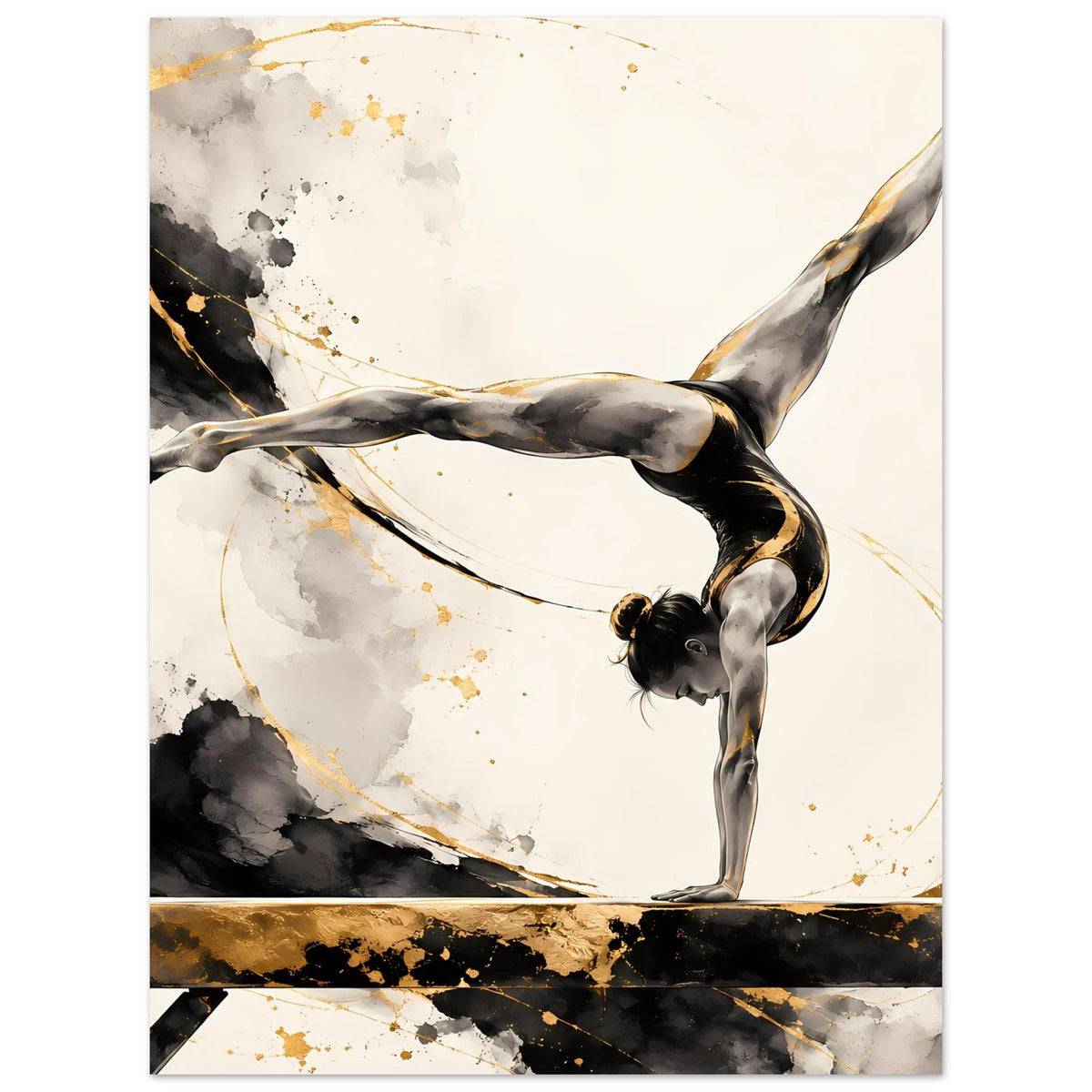 Gymnastikposter mit Turnerin im Handstand, schwarze Silhouette, goldene Akzente und Spritzer