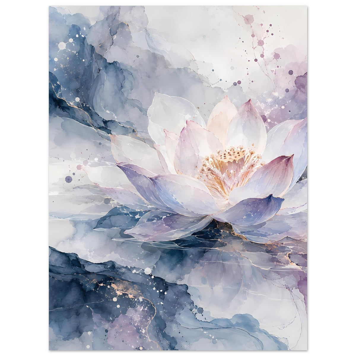 Lotusblütenposter im Hochformat mit weißer Lotusblüte, lila Akzenten und blauem Farbverlauf
