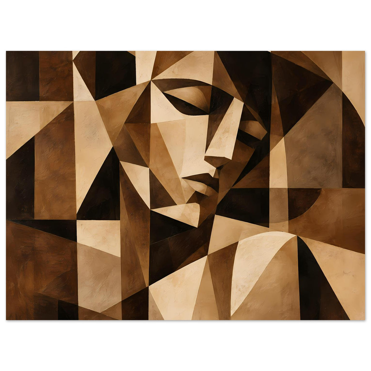 Abstraktes Kunstposter im Querformat: kubistisches Frauenporträt, braun-beige