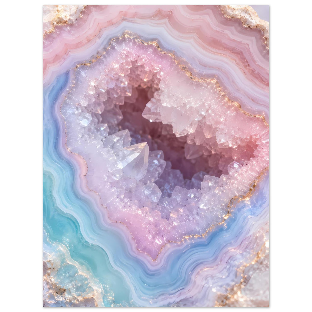 Poster mit glitzernder Kristalldrusen-Optik, rosa-violette und türkisfarbene Achatadern