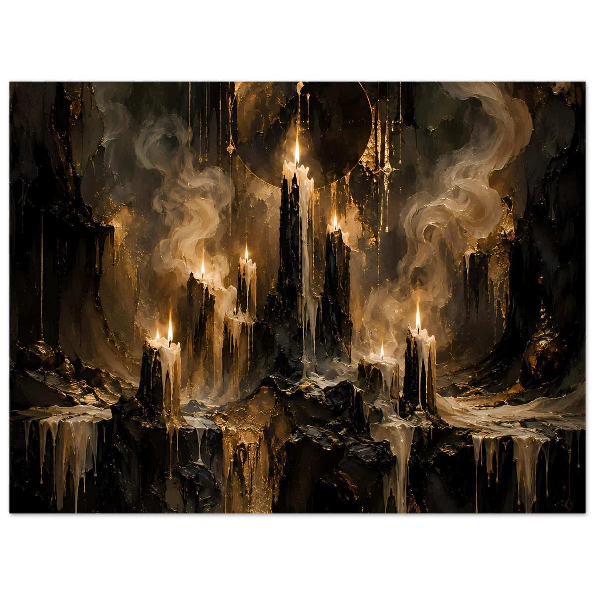 Fantasy-Poster: mehrere Kerzen im Lichtkegel, dichter Rauch und goldene Akzente