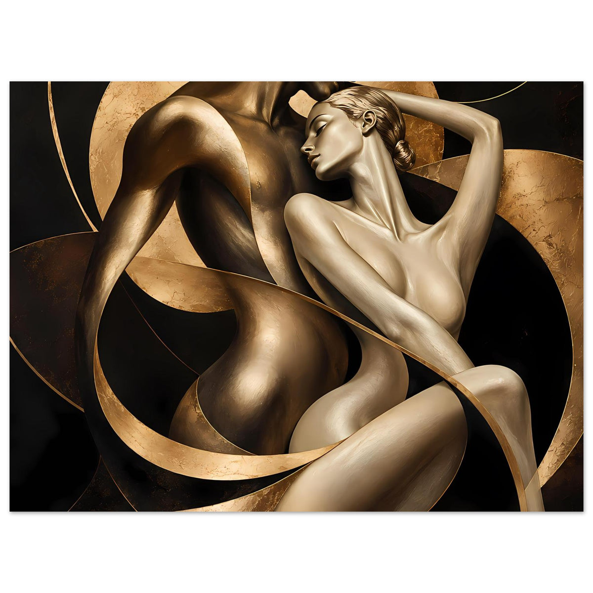 Kunstposter mit Nahansicht: goldene Bronzefiguren zweier Akte und gebogene Linien