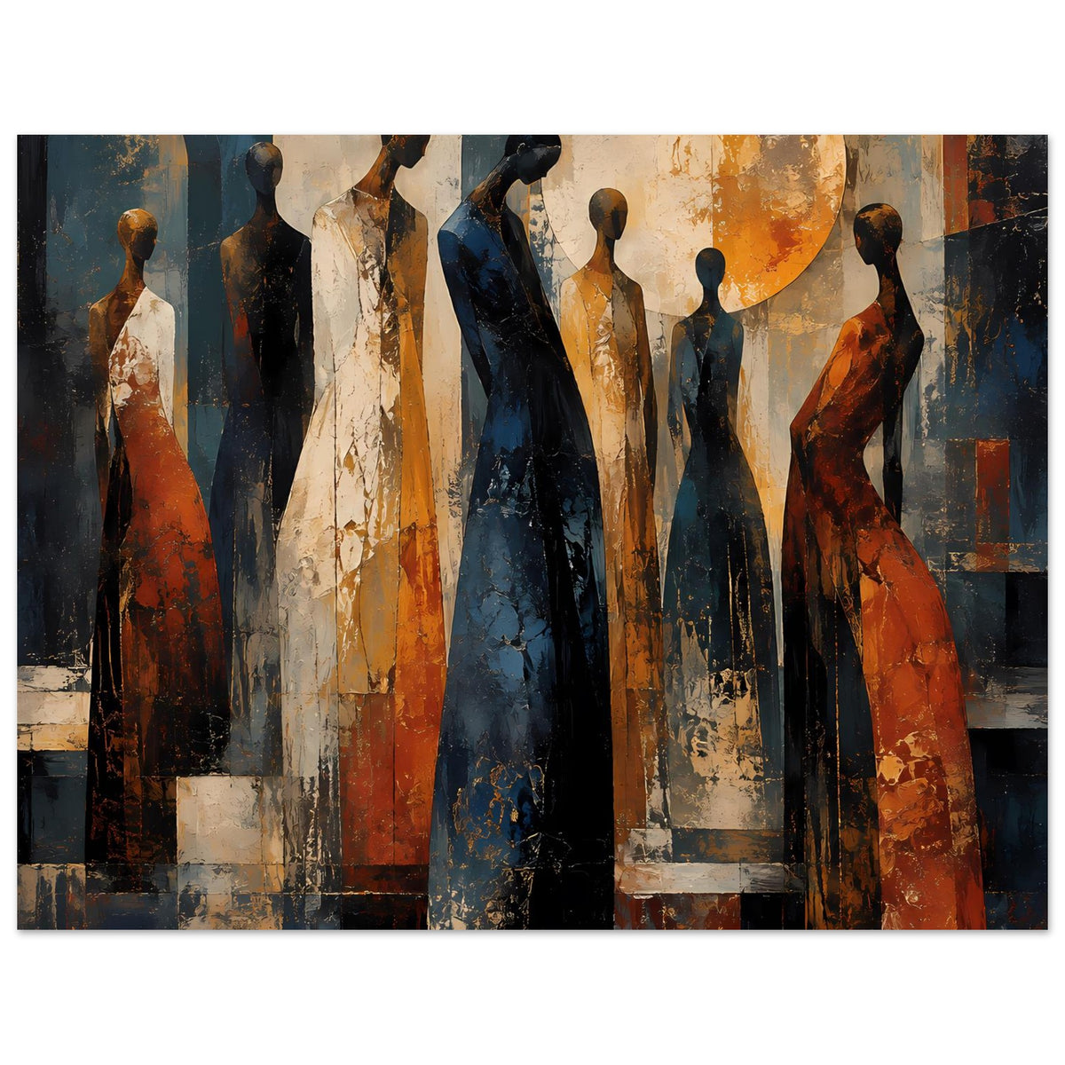 Poster mit abstrakten stehenden Figuren, orangefarbene Elemente, Blauschattierungen, großer Kreis