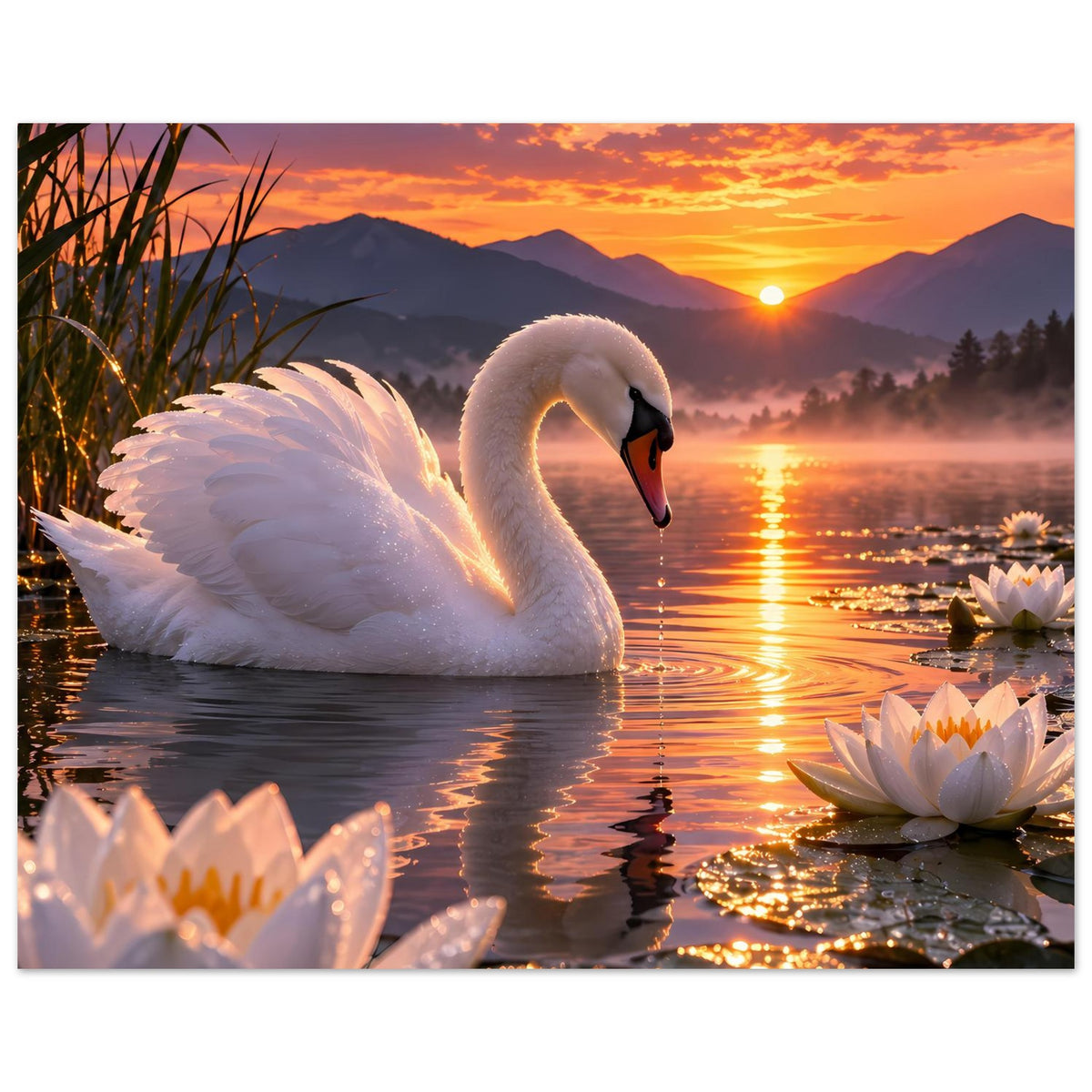 Poster mit weißem Schwan im Wasser, Seerosen und dichter Spiegelung auf der Fläche