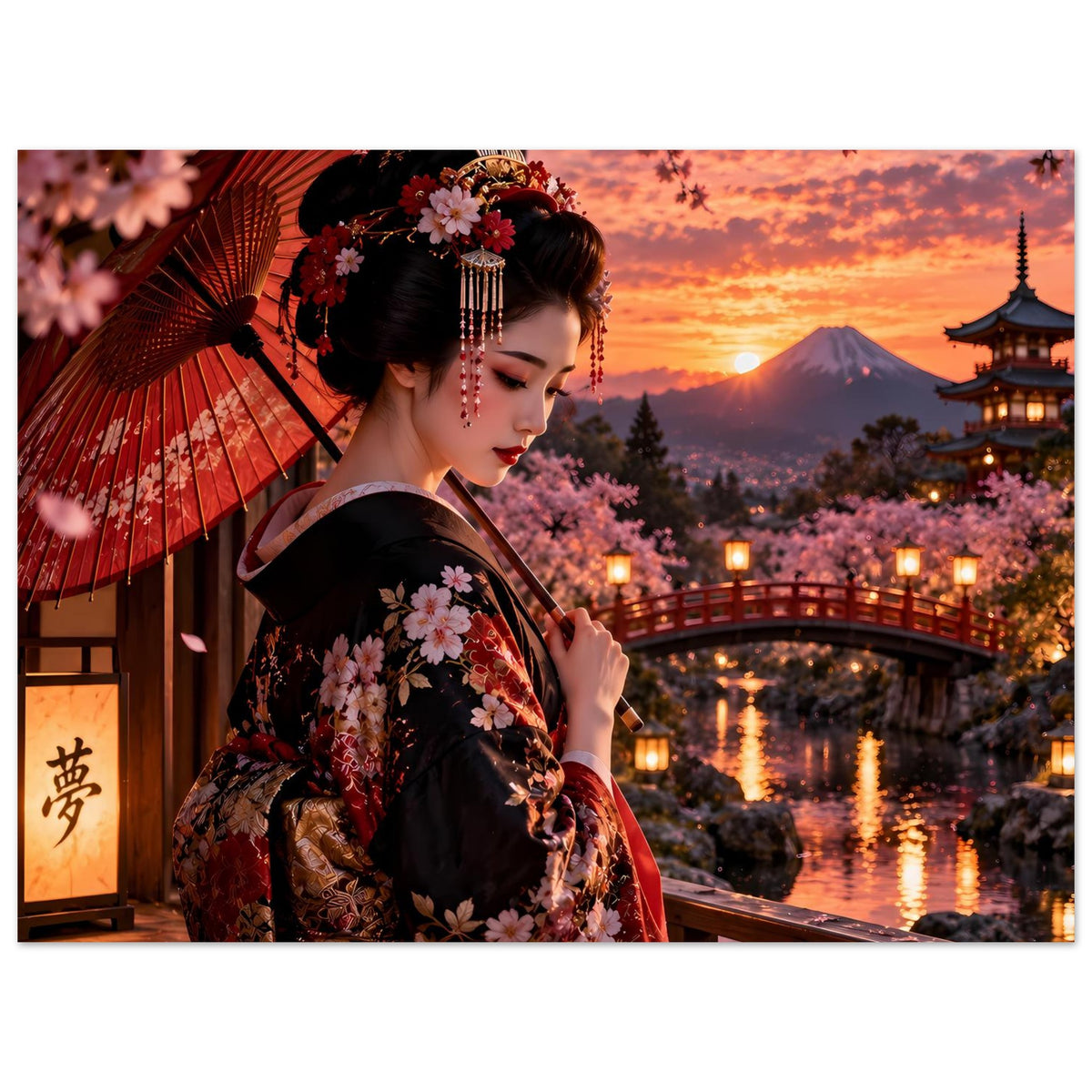 Japanisches Kimono-Poster: Frau im dunklen Kimono mit Kirschblüten, roter Fächer im Bild