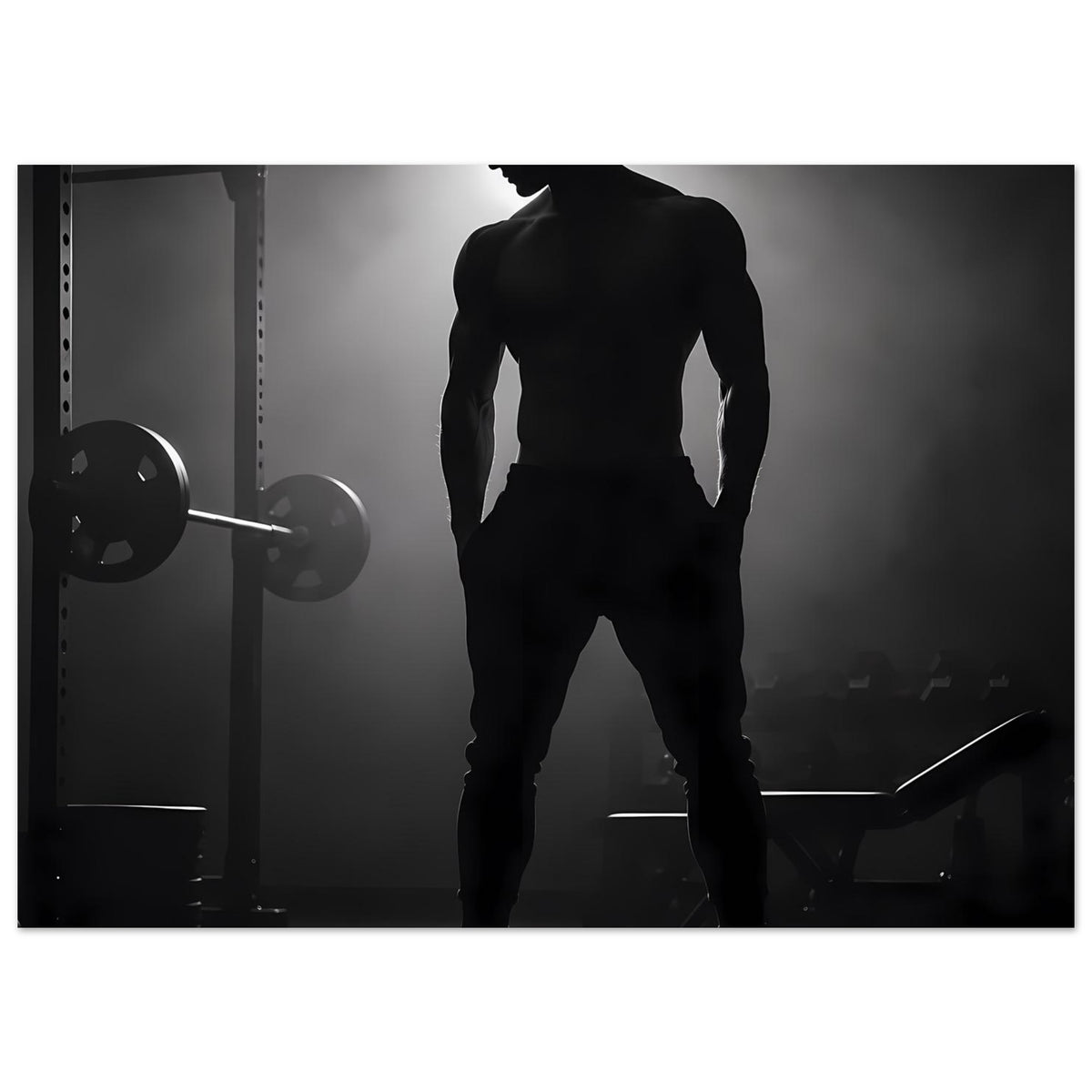 Schwarzweißer Gym-Artprint: trainierende Silhouette eines Mannes vor Langhantel und Bank