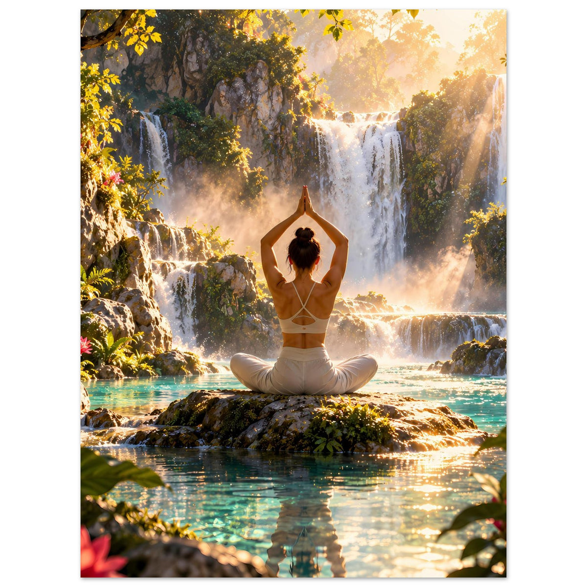 Hochformatiges Yoga-Meditationsposter: Frau im Lotussitz, Hände über dem Kopf vor Wasserfällen