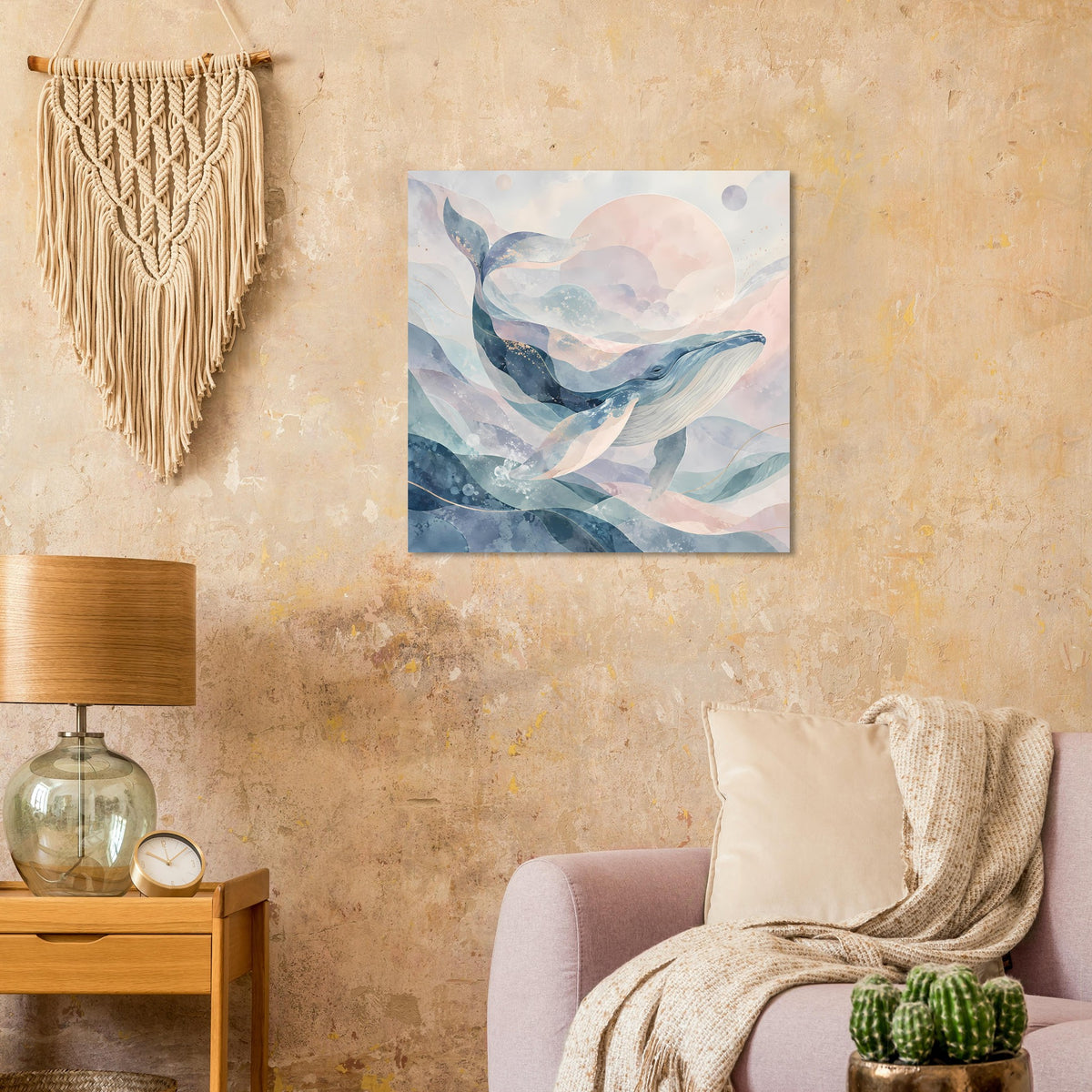 Kunstposter mit Wal-Motiv, aquarellartige Wellen und Wolken in Blau, Beige und Rosa